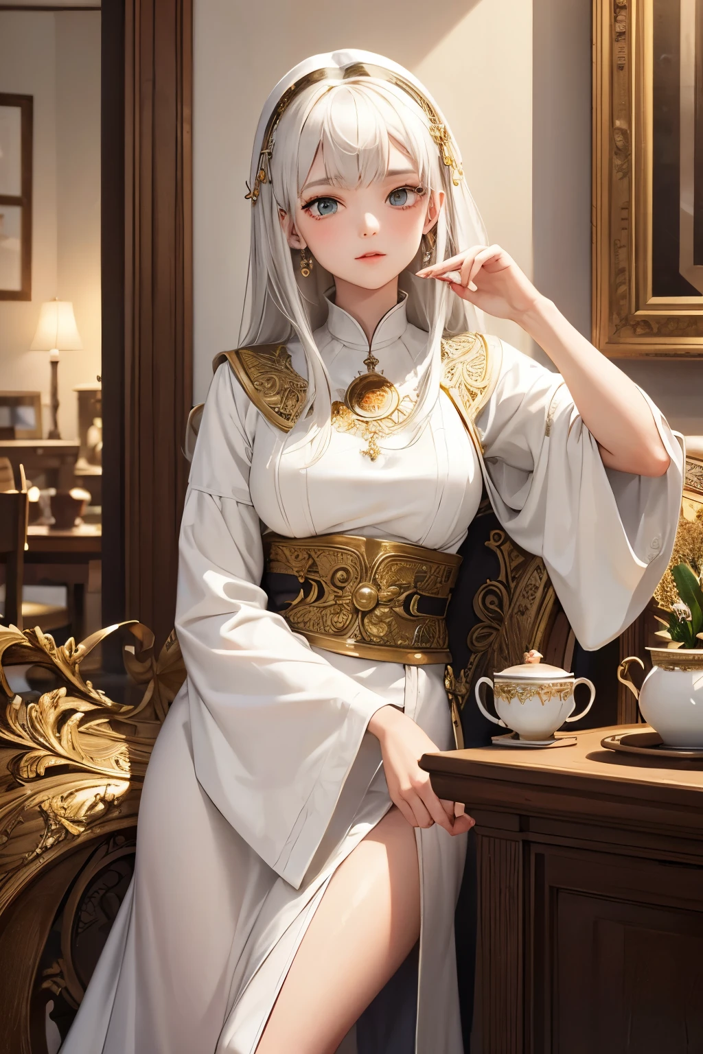 masterpiece,Highest quality,Very detailed,Beautiful girl drinking tea in an antique room,White Hair,Priest's clothing made of a lot of fabric,Jewelry ager,Perfect Face,Beautiful and detailed eyes,Beautiful Skin,skinny,Small breasts,Dynamic