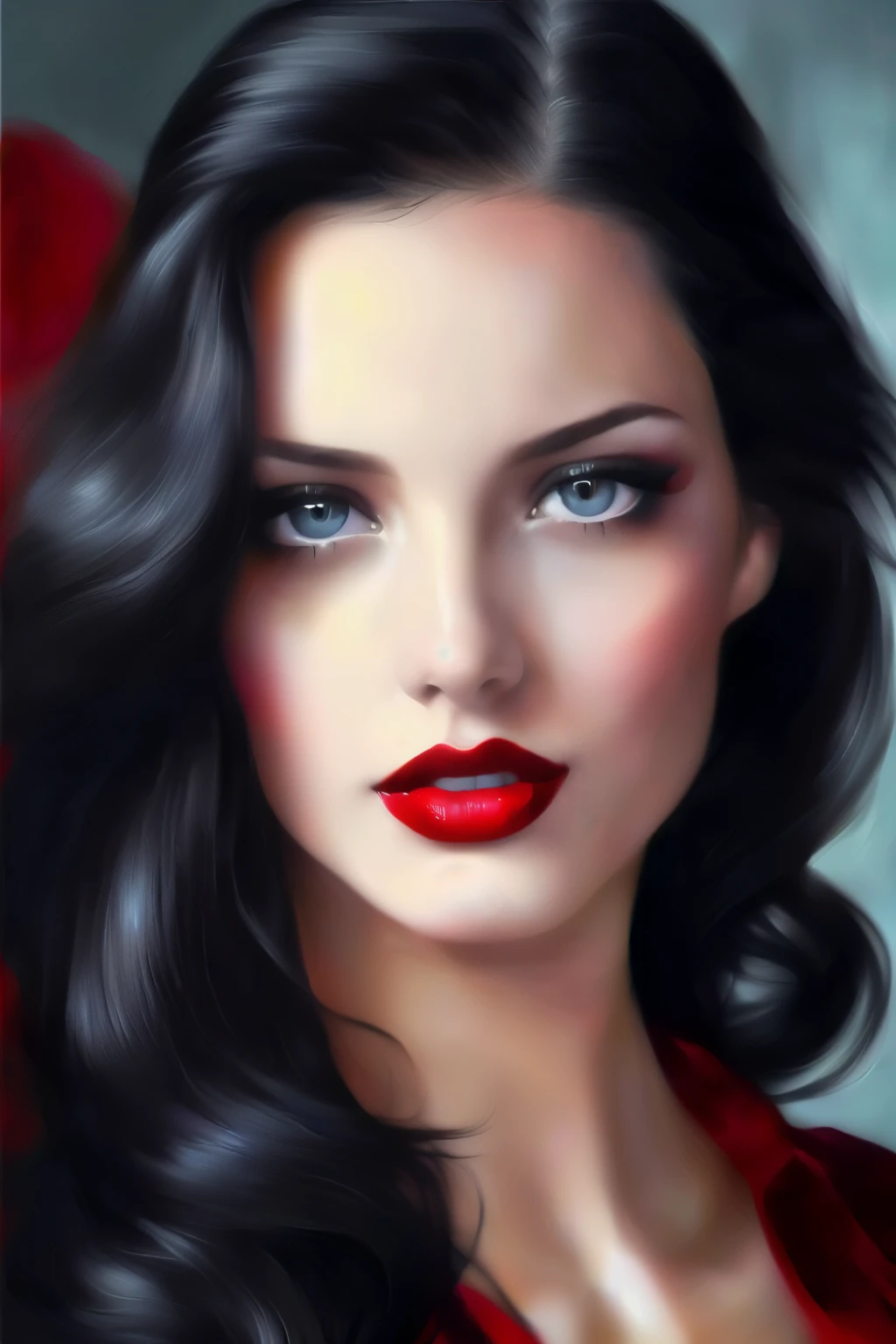painting of a woman with long black hair and red lipstick, glossy digital painting, sultry digital painting, gorgeous digital painting, detailed face with red lips, realistic digital painting, elegant digital painting, stunning digital painting, digital oil painting with airbrush, digital art portrait, Realistic pretty face, digital fantasy portrait, photorealistic beautiful face, photorealistic digital painting, digitalportrait