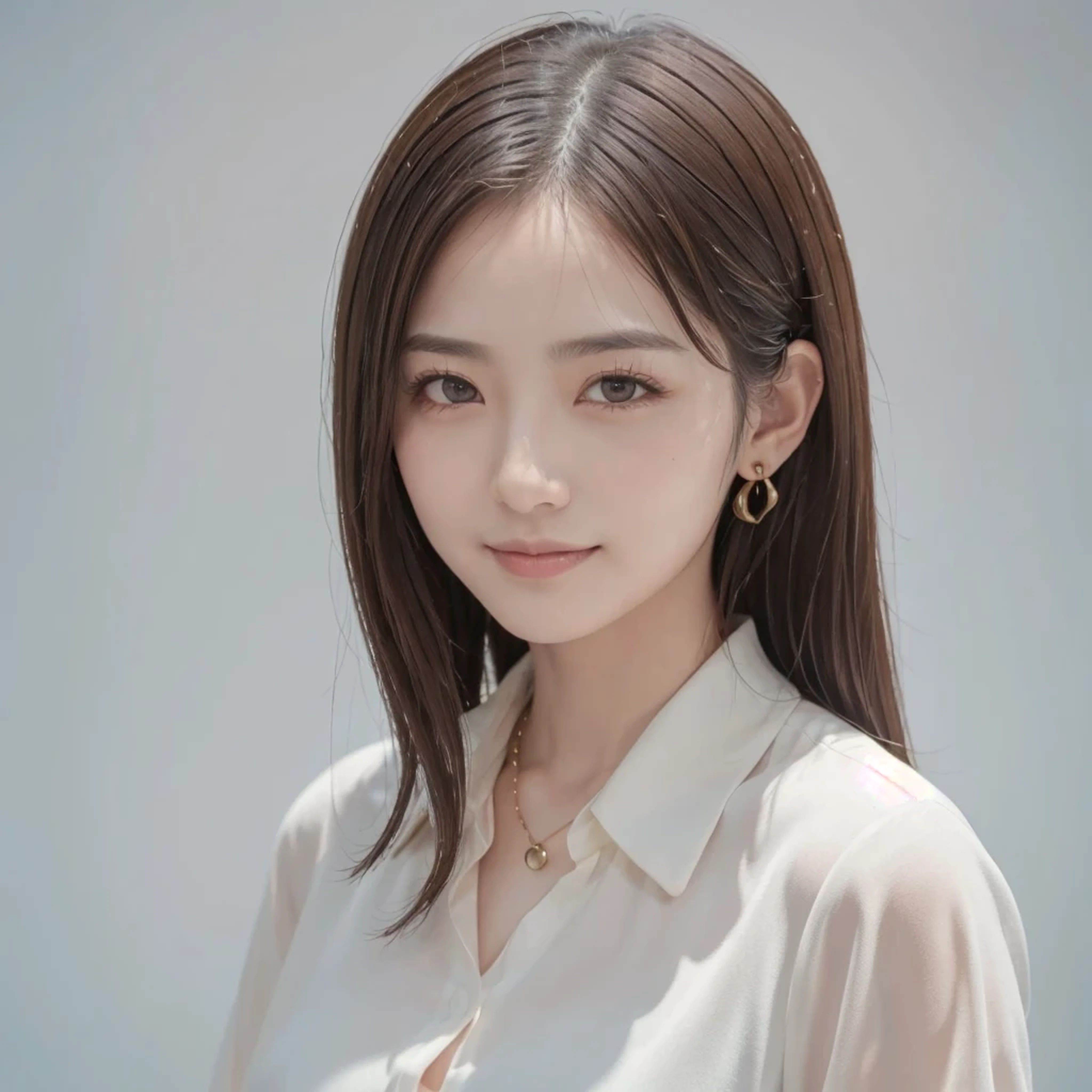 young woman、、 Intricate details, 、ear piercing、Looking into the camera、short hair、smile、Brown Hair、 Clear beauty, (High quality fabric, Office Lady Suits 、Jacket、Unbuttoned shirt、Necklace around the neck、Dark eyeliner、 The background is the office

