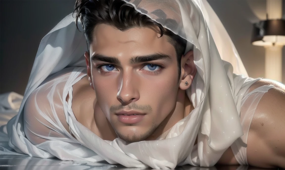 "((highly detailed, detailed eyes, detailed face, clear and realistic facial features, photorealistic, realistic light; cinematic)), (1 man), ((((artist studio background)))), (((24-year-old male))), (((seductive sexy erotic gorgeous greek male model))), ((((model is acting seductive)))), ((seductive expression)), (((blushing))), (short dark hair), ((pierced lip and nose)), (((clean-shaven face))), (((body draped in a sheet))."