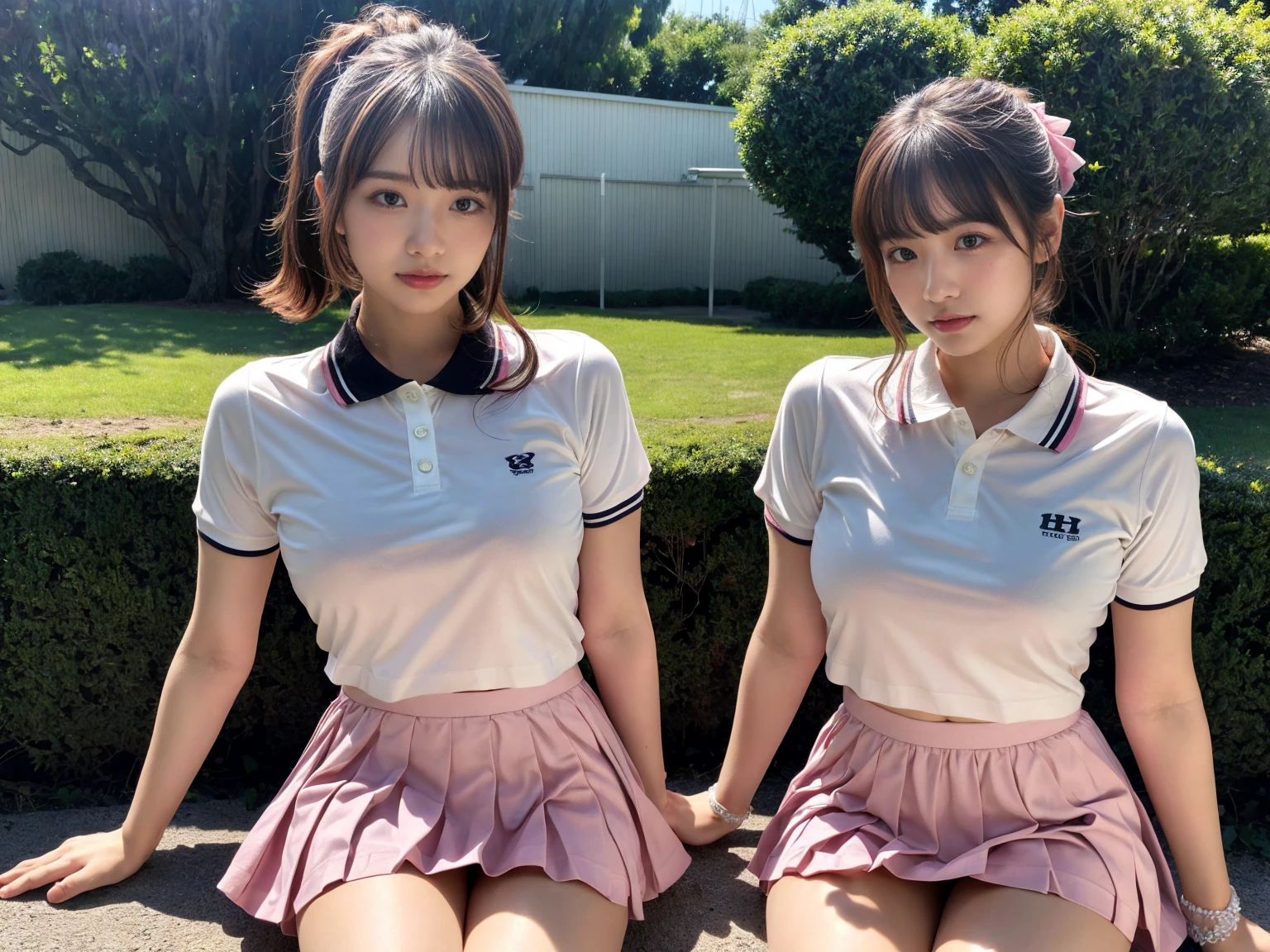 masterpiece, best quality, illustration, Super detailed, fine details, High resolution, 8K,wall paper, perfect dynamic composition,(Details High quality, realistic depiction of eyes:1.3), (2 girls), BREAK (white theme:1.4), (tucked-out short sleeve white polo shirt:1.4), (pink lines on tops outline:1.3), (pure white pleated mini skirt:1.3), (hem of top covers top half of skirt:1.3), (pink fluffy scrunchie on wrist:1.3), (white and pink sports shoes:1.2), short bob hair, (large breasts:1.2), plumpy body, black hair color, Big Natural Color Lip, (perfect body shape), crying a little、Harajuku style、20 year old girl、cute type、beautiful legs, Gravure Idol