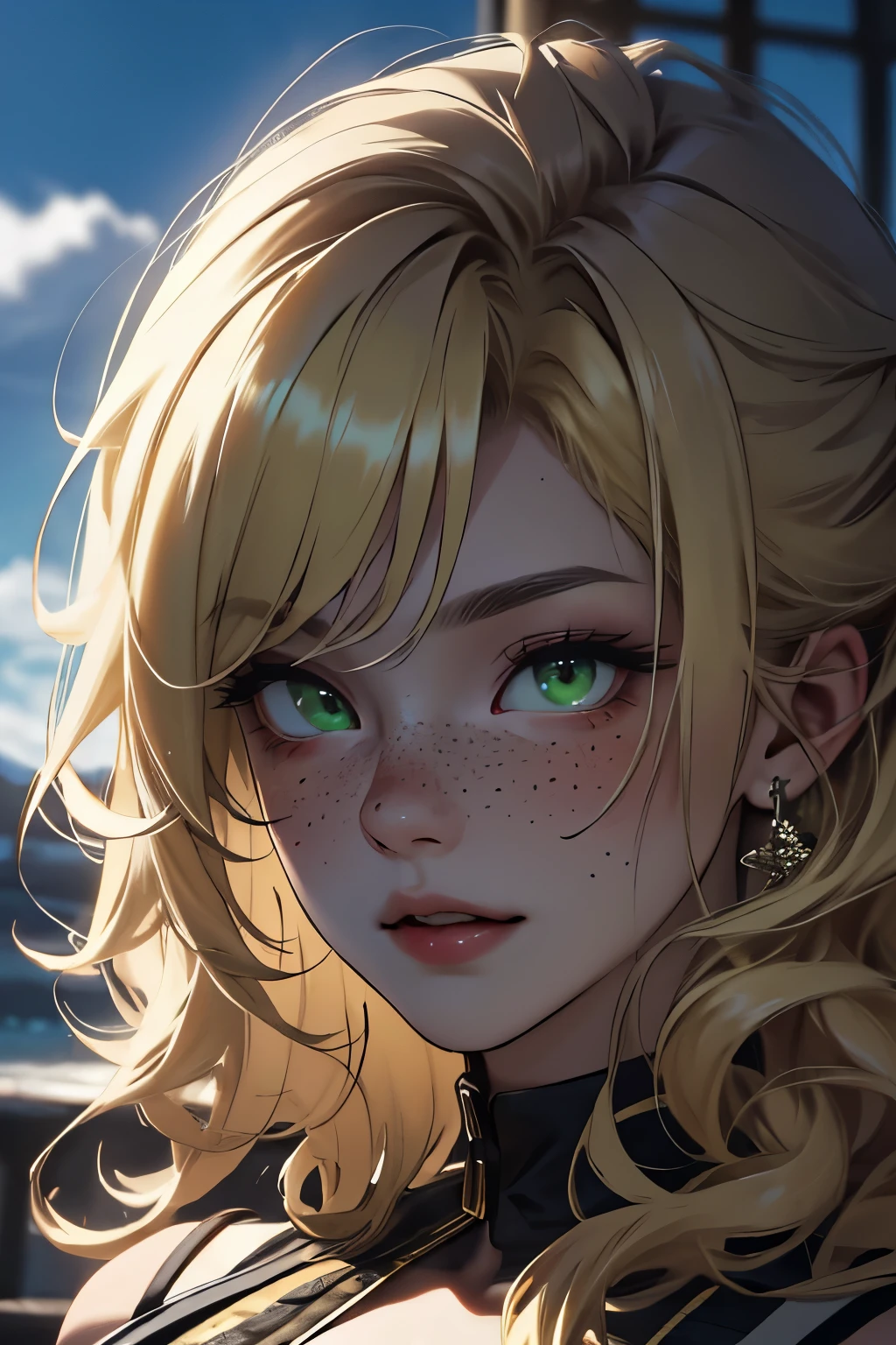 ((Best quality)), ((masterpiece)), (detailed), perfect face, curly hair, long hair, green eyes, big eyes, sleepy facial expression, chiseled figure, sunny day, one girl, freckles, blonde hair