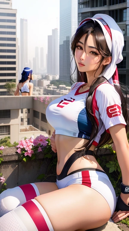 Arab Asian woman sitting on a ledge with a city background, wearing Tight shirt, Wearing a volleyball jersey, Tight shirt, mai shiranui, Sports bra and shirt, Japanese Model, wonderful, French girl, Nice view, Irelia, yoko matsugane as Mai Shiranui, Close-up shot of half body, Lovely lady