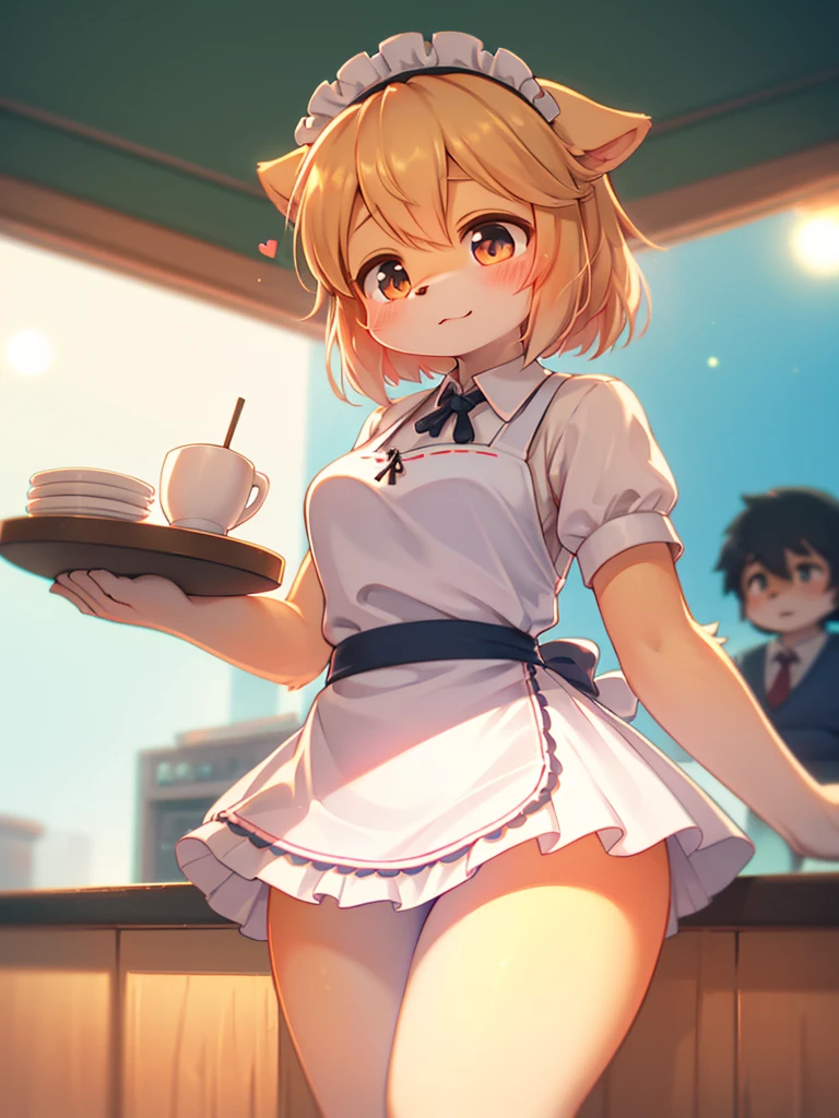 (Sumilux f1.4 50mm , low Latitude old color negative film , cross process , bokeh, flare, chromatic aberration , soft focus, (Shallow focus) , soft glow , Maximum aperture, low Key , Transparent depiction) , comedy cartoon style , coquettish , Clumsy Cafe clerk girl , blouse, apron, skirt , heart is beating fast with anticipation ,