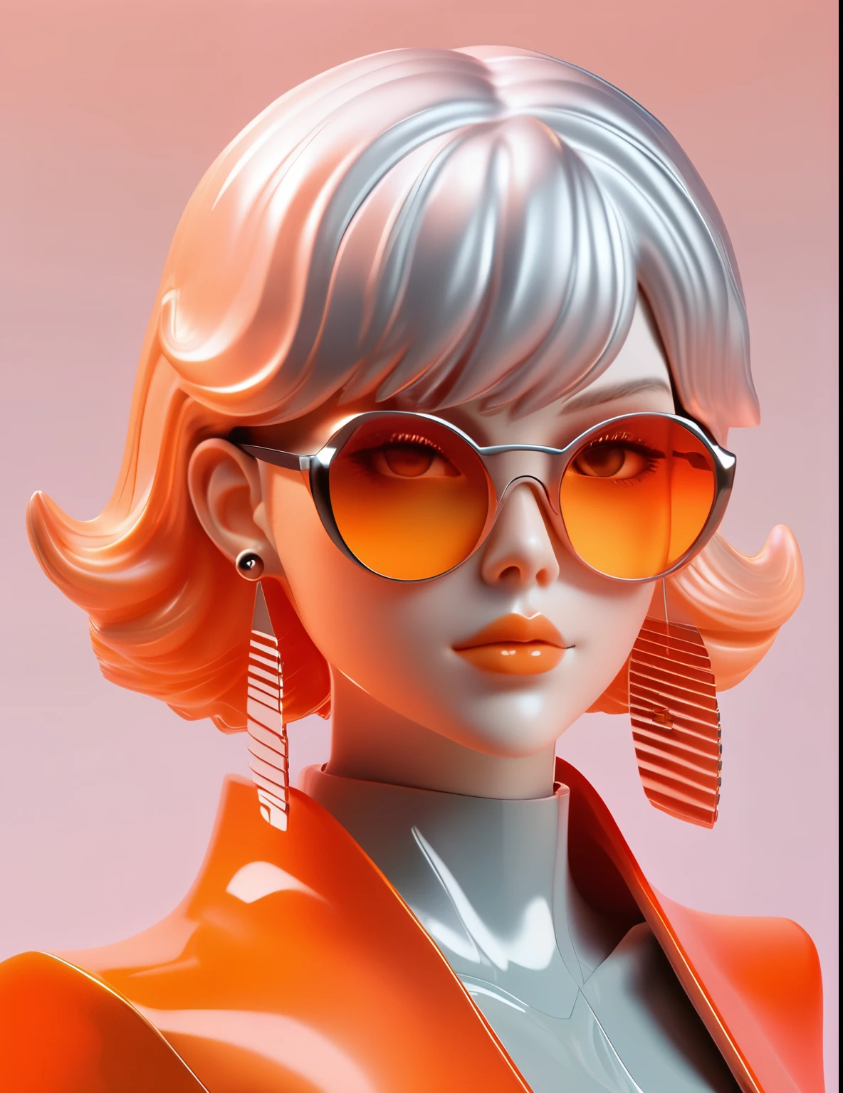 3D illustration of the upper body and face of an artificial intelligence model wearing futuristic glasses, Stylish sunglasses,Gradient Background, Pastel Color Palette, Orange-red, Simplicity, Cold metal texture, Surrealism, Earrings, Perm