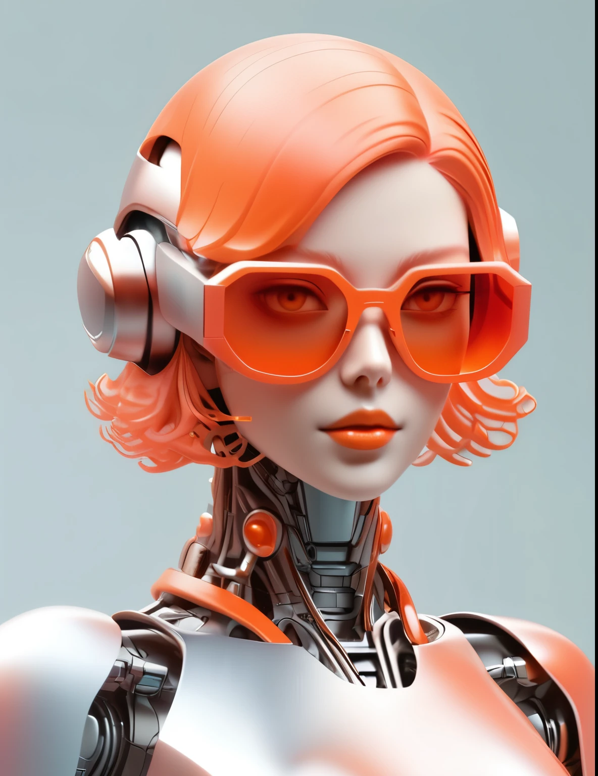 3D illustration of the upper body and face of an artificial intelligence model wearing futuristic glasses, Stylish sunglasses,Gradient Background, Pastel Color Palette, Orange-red, Simplicity, Cold metal texture, Surrealism, Earrings, Perm