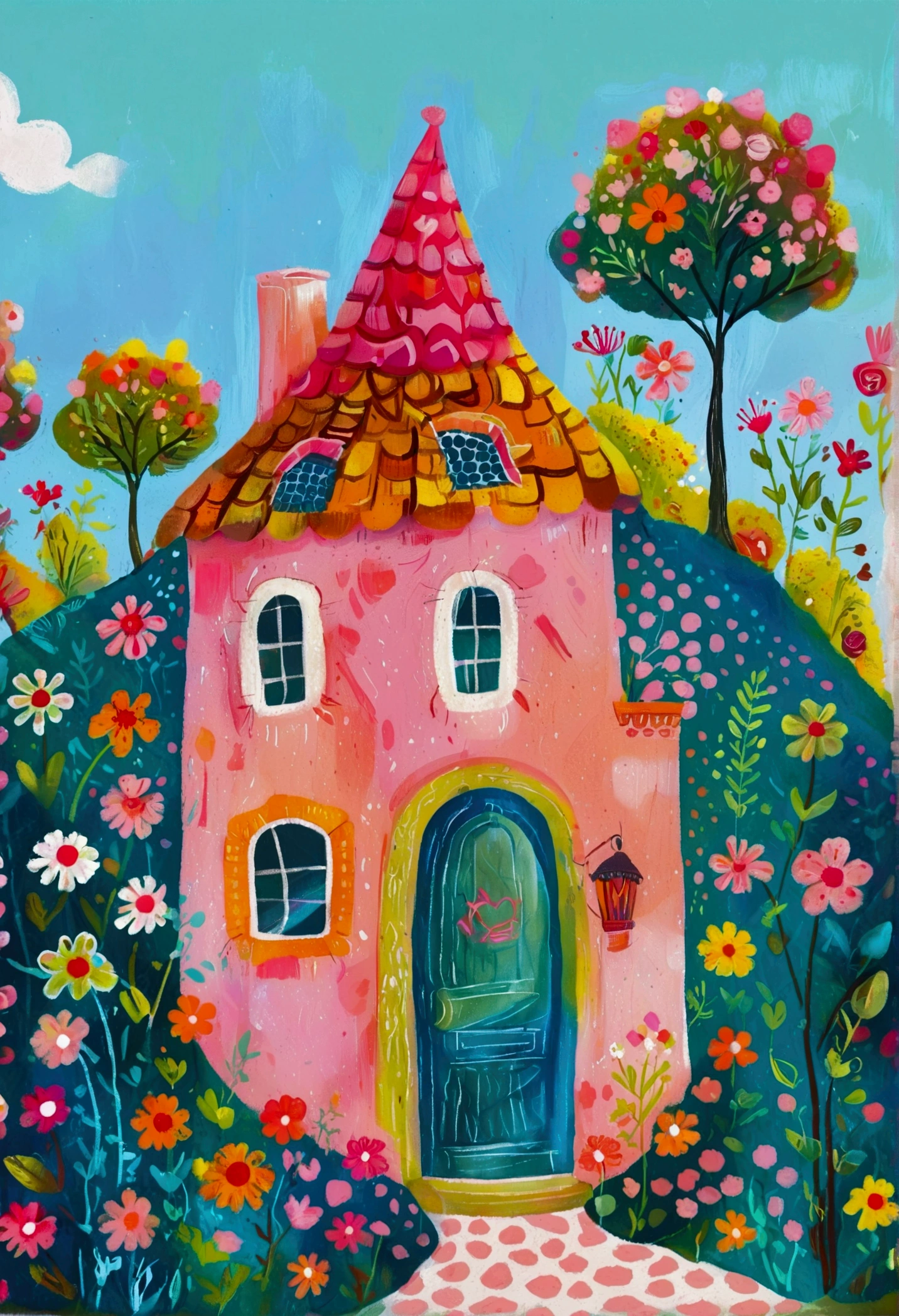 House with garden and chimney, flowery Hut, Hut close up, Colorfull illustration, sunlight and whimsical houses, Color illustrations, colorful houses, colorful kids book illustration, little Hut, Hut town, Whimsical Art, In a Candy Land-style house, Drawn in a whimsical style, Hut, Delicate and bright, Children&#39;s illustrations, Stylized digital illustration