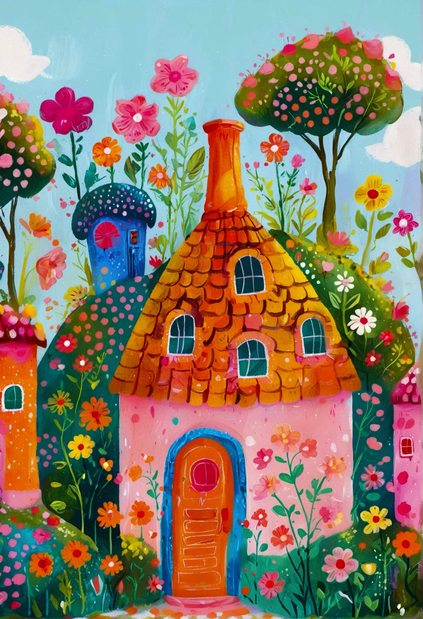 House with garden and chimney, flowery Hut, Hut close up, Colorfull illustration, sunlight and whimsical houses, Color illustrations, colorful houses, colorful kids book illustration, little Hut, Hut town, Whimsical Art, In a Candy Land-style house, Drawn in a whimsical style, Hut, Delicate and bright, Children&#39;s illustrations, Stylized digital illustration
