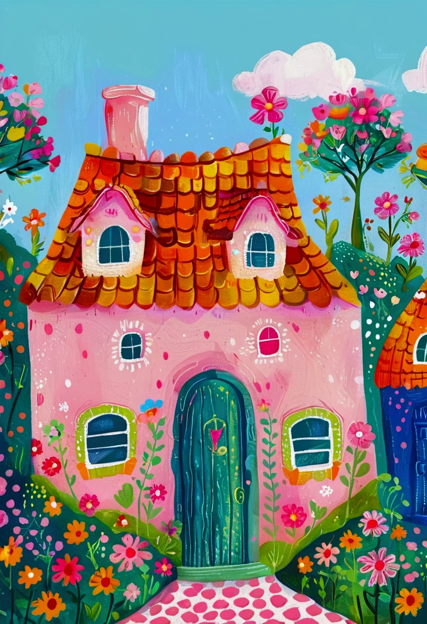 House with garden and chimney, flowery Hut, Hut close up, Colorfull illustration, sunlight and whimsical houses, Color illustrations, colorful houses, colorful kids book illustration, little Hut, Hut town, Whimsical Art, In a Candy Land-style house, Drawn in a whimsical style, Hut, Delicate and bright, Children&#39;s illustrations, Stylized digital illustration