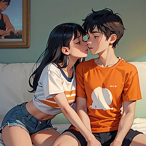 Amazing portrait of a young woman wearing white and orange striped t shirt and orange shorts and young boy wearing a navy blue t shirt and black shorts sitting on a bed together and kissing and making out passionately in a sexy and hot and lustful setting,boy touching girl's big breasts , boy pressing girl's big breasts,girl not wearing anything.