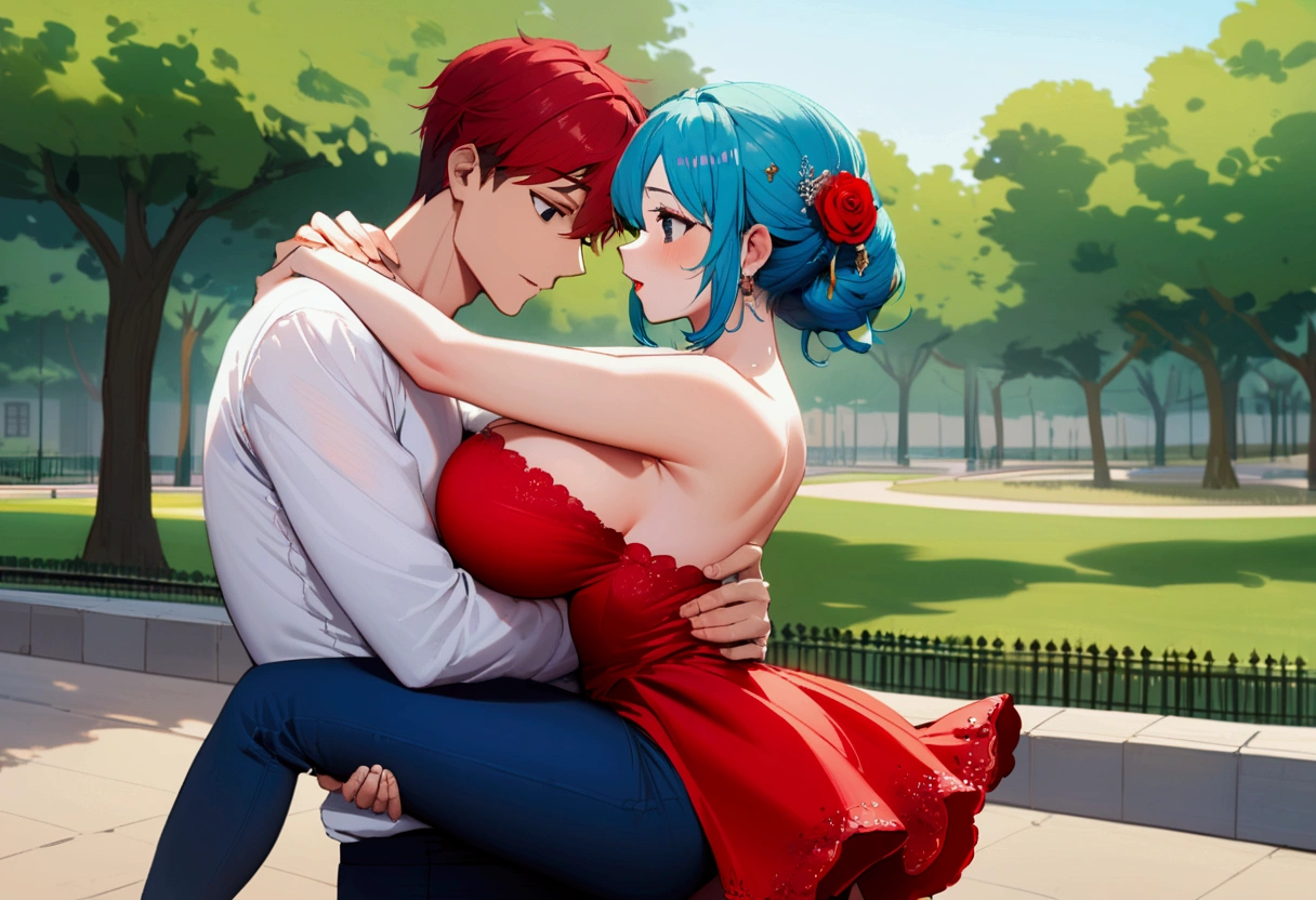 a boy with black eyes and cyan hair wearing a white t-shirt with blue pants carrying a cute girl with big breasts with black eyes and red hair wearing a little red strapless heart shaped dress that goes down to her thigh with red heels in his arms at the park