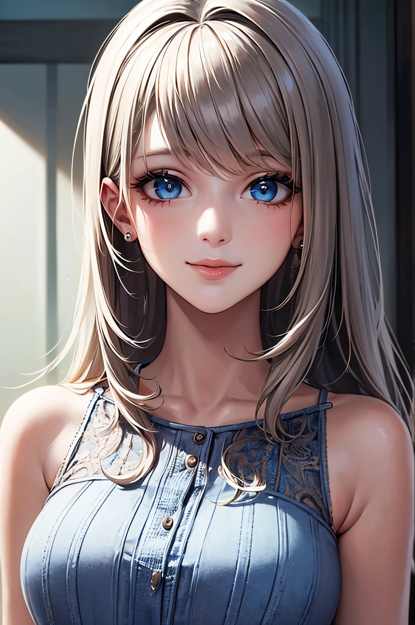 (masterpiece: 1.2, Highest quality), (Actual photo, Intricate details), 1. Female, alone, Upper Body, casual, Shoulder-length hair, Minimal makeup, Natural materials, Face close-up, smile, Home, Gray Hair, blue eyes,