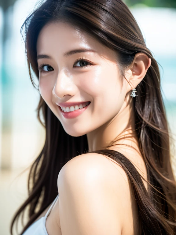 High quality, High resolution, Best composition, One beautiful woman, Light brown hair, Long hair, South Sea beach, White bikini, Cute big ass, Sharp focus, Perfect dynamic composition, Realistic and finely drawn beautiful eyes, Finely drawn hair, Fine and realistic skin texture, Smiling, Close-up Portrait, Model body type