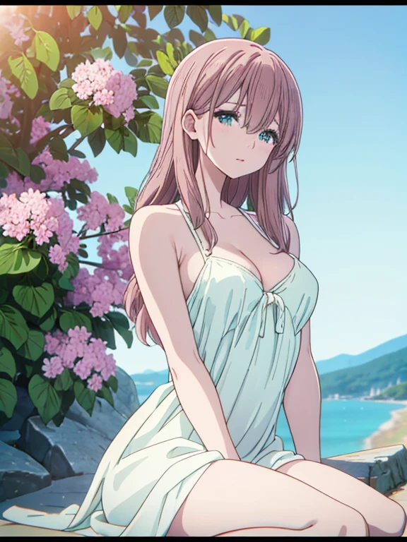 one pretty woman, face detailed, high qualiy, realisitic, foto realisitic: 1,37, (best qualityer, 4K, 8k, high resolution, Masterpiece artwork: 1,2), ultra detailed down to the smallest detail, bright coloured, natural lighting, detailed lips, details Intricate , pele realisitic, gorgeous eyes, long eyelashes, delicate features, feminine expression, flawless complexion, elegant pose, natural lighting, softfocus, Warm Color Palette, fully body, she is very sexy half naked with a very sexy dress showing off her beautiful legs and her panties and her breasts in a sensual cleavage, on top of a mountain with small trees and flowers around it and a beautiful beach in the background

