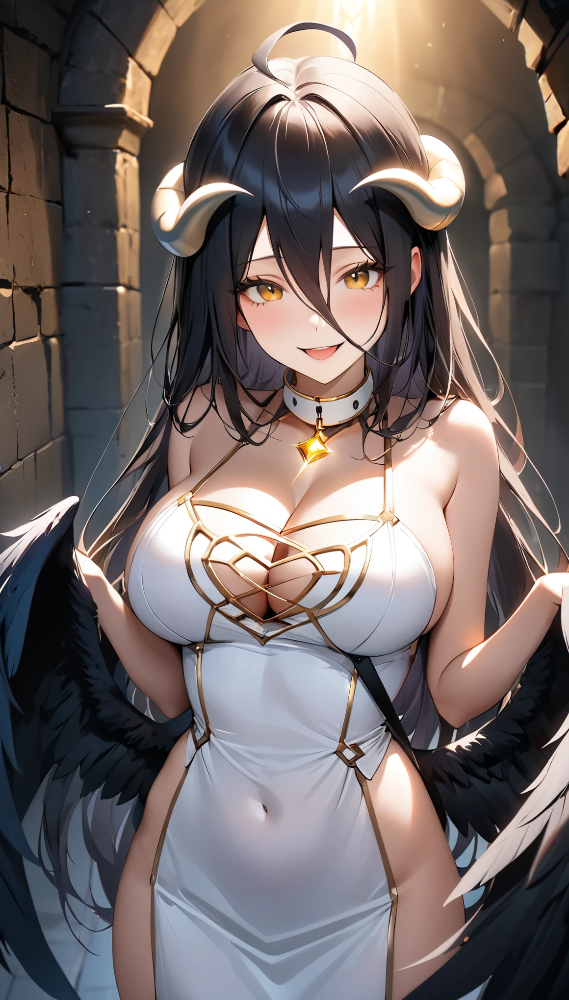 (Highest quality:1.2, Very detailed, Ultra-high resolution, masterpiece:1.2, Light in color, Soft Focus:1.3, Best aesthetics), ((1 girl)), Albedo, (overlord), Bursting Busty, White corner, pupil with slit, Devil horns, Long black hair, Black wings, feathered wings, Low Wing, Big Wings, collar is apart, White Dress, Gold decoration on the chest, Elbow Handbags, (Small face), Beautiful eyes, Long eyelashes, Beautiful double eyelids, Slender body, ((A seductive smile, lure, Mouth slightly open, Sigh)), ((Night Time)), (((Underground dungeon))), Random Pause, Shallow depth of field, Realism, Extremely detailed, Professional Lighting, Shine.