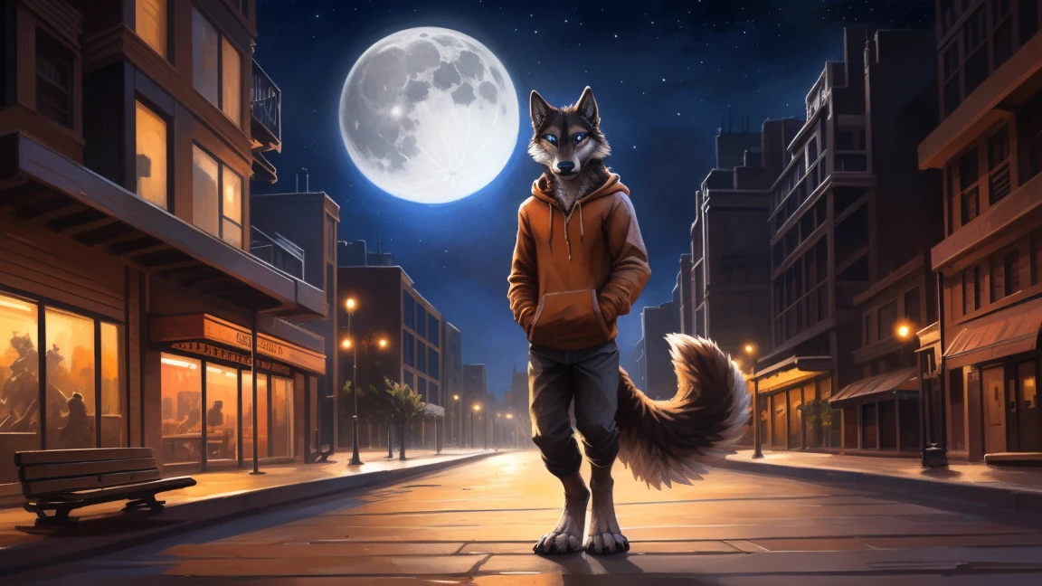 ((Solo)), male people, anthro wolf, (Multi-colored fur, White-brown:1.3), ((Wolf face, Big eyes, White eyelids, Blue pupil, Slim:1.2) (Tough, Calm expression:1.2)), (Height 2.1 meters,Tail length 1.5m), Abs, Slim, pinging, (Correct anatomy), (Contour bone:1.2), (detailed outfits), (Orange hoodies), a long large tail,Feet,(Realistic fur, Detailed fur texture, labeled:1.3)), (Natural lighting), Photorealistic, Hyperrealistic, ultradetailed, by Kenket,In the modern city, On the street, Sit on wooden bench,the night,Sit alone,Look at the full moon,It was dark,Starry