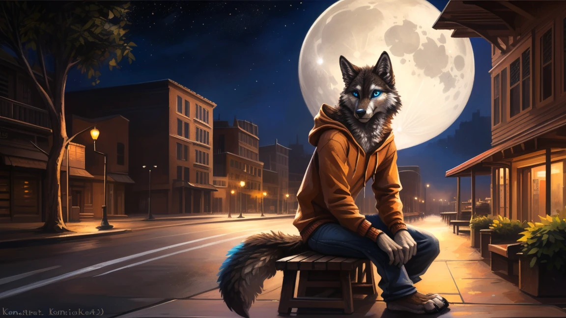 ((Solo)), male people, anthro wolf, (Multi-colored fur, White-brown:1.3), ((Wolf face, Big eyes, White eyelids, Blue pupil, Slim:1.2) (Tough, Calm expression:1.2)), (Height 2.1 meters,Tail length 1.5m), Abs, Slim, pinging, (Correct anatomy), (Contour bone:1.2), (detailed outfits), (Orange hoodies), a long large tail,Feet,(Realistic fur, Detailed fur texture, labeled:1.3)), (Natural lighting), Photorealistic, Hyperrealistic, ultradetailed, by Kenket,In the modern city, On the street, Sit on wooden bench,the night,Sit alone,Look at the full moon,It was dark,Starry