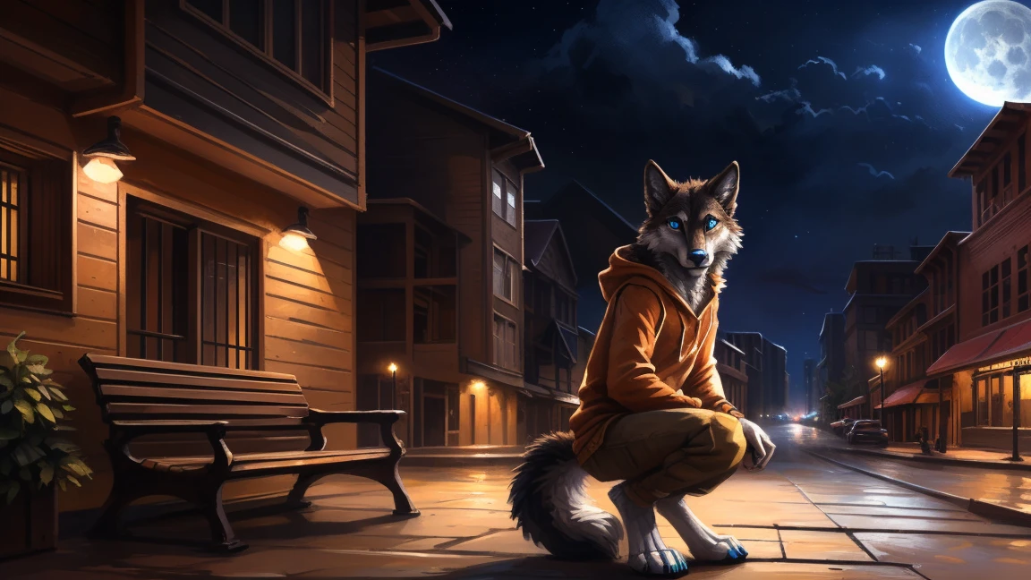 ((Solo)), male people, anthro wolf, (Multi-colored fur, White-brown:1.3), ((Wolf face, Big eyes, White eyelids, Blue pupil, Slim:1.2) (Tough, Calm expression:1.2)), (Height 2.1 meters,Tail length 1.5m), Abs, Slim, pinging, (Correct anatomy), (Contour bone:1.2), (detailed outfits), (Orange hoodies), a long large tail，Feet，(Realistic fur, Detailed fur texture, labeled:1.3)), (Natural lighting), Photorealistic, Hyperrealistic, ultradetailed, by Kenket，In the modern city, On the street, Sit on wooden bench，the night，Sit alone，Look at the full moon，It was dark，Starry