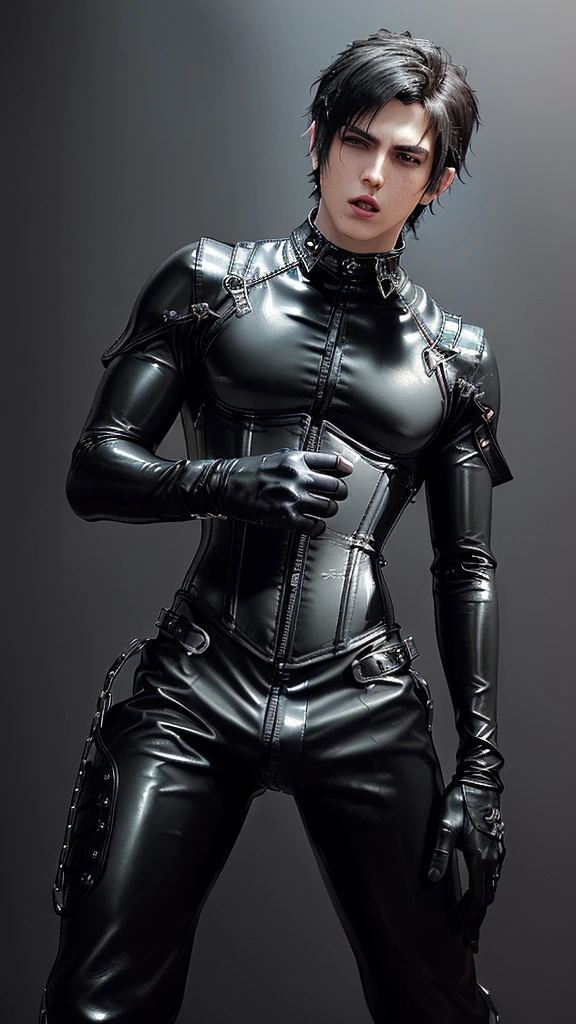 ((Final Fantasy taste reality graphics)), ((young, cute and cool ikemen boy)),,,his age is early 20s, thin eyebrows and beady eyes, ((he is wearing black shiny thin and coverall latex catsuit with front zipped up)),((catsuit is long sleeve)), ((put on black shiny and coverall full finger latex glove on both hands)),((catsuit,glove and corsets is very tight-fitting)),,((black color long length leather boots)),((also put on leather corset, with many belts, girth,neck,and both wrists)),((neck collar corset is big, thick, and very long length)), ((cool atmosphere)),((dont show finger)),((boy is must no bare hands)),,((all clothes is smooth taxtrue)),((boy is average height and weight medium build)),,((((boy is volunteer fetish model general university student)))