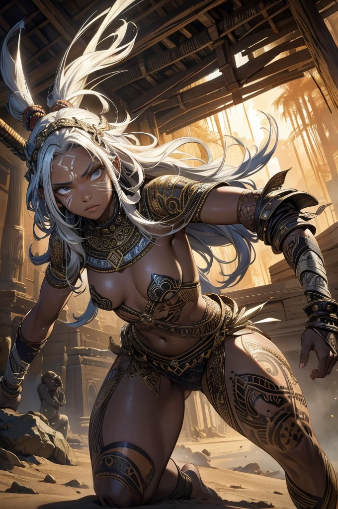Young African age Girl, Ancient African tribal warriors, Very dark skin, A white-haired man brandishes a spear,,Combat Stance, Face Paint, Body Paint, sexy, Small breasts, Tribal village in the background, Very detailed, Vibrant appearance, Creative Action, Very detailed, Imaginative, Sensual, Voluntary, Highest quality, Skin Texture, Intricate details, (Cinema Lighting), RAW Photos, 8k, masterpiece,Highest quality,Very detailed,Very detailedイラスト,Very detailed,Intricate details,High resolution,非常にIntricate details,Very detailed 8k cg wallpaper,
