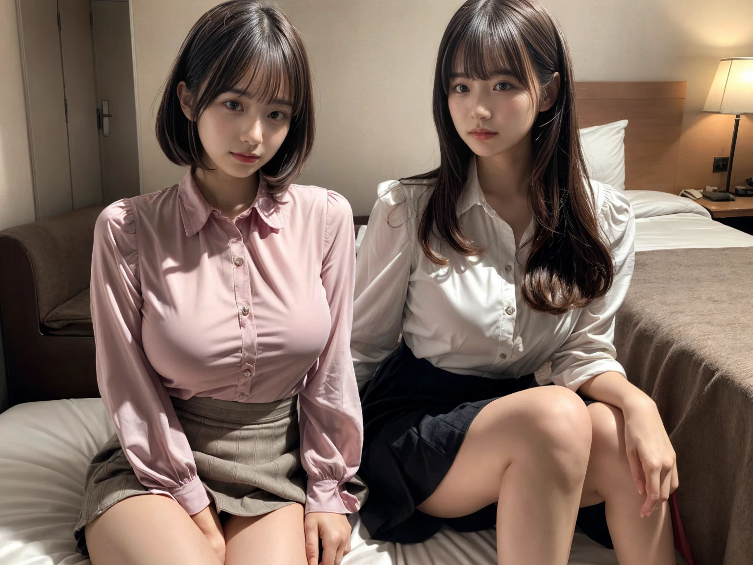 masterpiece, best quality, illustration, Super detailed, fine details, High resolution, 8K,wall paper, perfect dynamic composition,(Details High quality, realistic depiction of eyes:1.3), (2 girls), pink frilled shirt blouse, Black Frilled skirt, sitting, open legs, short bob hair, in a hotel room in the background, deep on field, large breasts, black hair color, Big Natural Color Lip, (perfect body shape), crying a little、Harajuku style、20 year old girl、cute type、beautiful legs, Gravure Idol