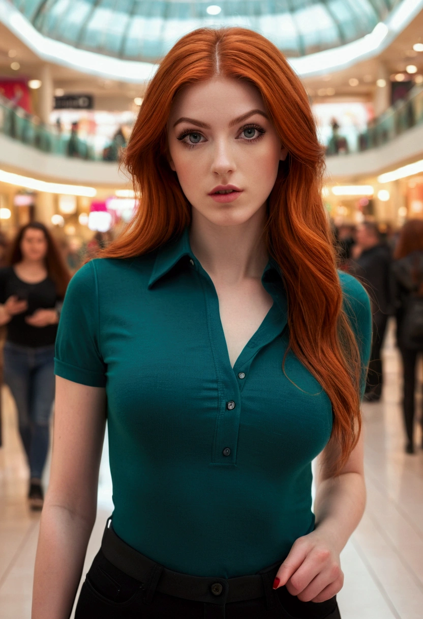 proffesional, (4k photo:1.1) by (Jeremy Lipking:0.3), (Anna Dittmann:0.3), (arian mark:0.3), (sharp focus:1.3), high détail, dressing (tight shirt:1.2), beautifull detailed face, An attractive woman with long red hair looks at the camera, looking like actress Katherine McNamara, Panasonic Lumix S Pro 50mm F/1.4, Anne Stokes, splash of color, dark orange and dark emerald, ferrânia p30, photo realist, (attractive young woman:1.3), (seducer:1.1), (blushful:1.1), hourglass body shape, big round breasts, Broad Hips, in the mall in the background, taking selfie, dressing jumper
