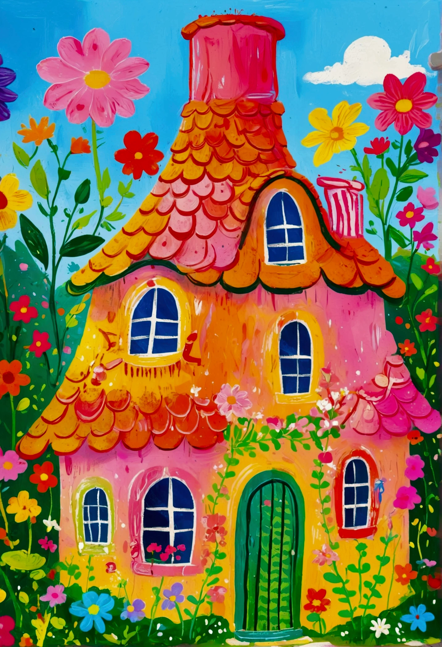 House with garden and chimney, flowery Hut, Hut close up, Colorfull illustration, sunlight and whimsical houses, Color illustrations, colorful houses, colorful kids book illustration, little Hut, Hut town, Whimsical Art, In a Candy Land-style house, Drawn in a whimsical style, Hut, Delicate and bright, Children&#39;s illustrations, Stylized digital illustration