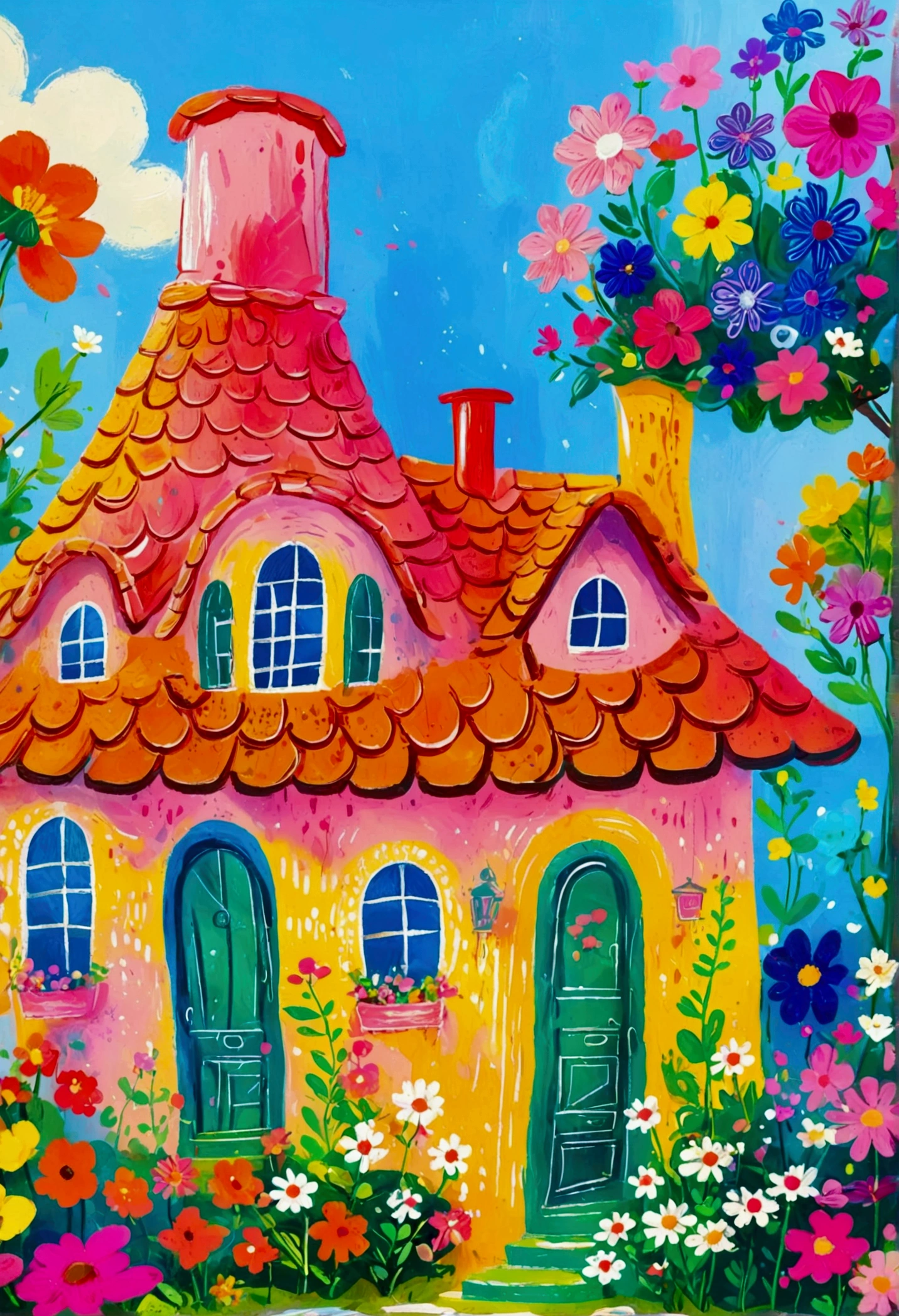 House with garden and chimney, flowery Hut, Hut close up, Colorfull illustration, sunlight and whimsical houses, Color illustrations, colorful houses, colorful kids book illustration, little Hut, Hut town, Whimsical Art, In a Candy Land-style house, Drawn in a whimsical style, Hut, Delicate and bright, Children&#39;s illustrations, Stylized digital illustration