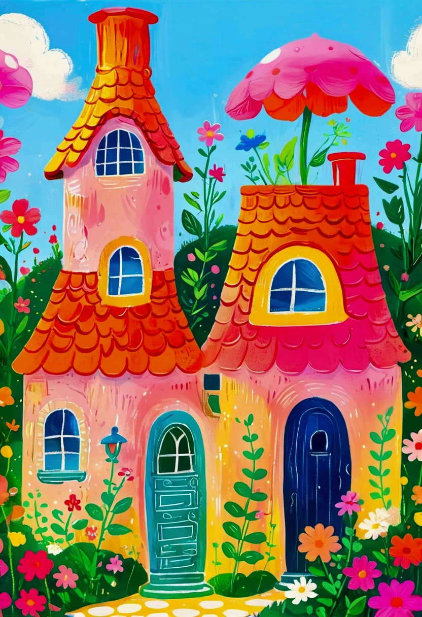 House with garden and chimney, flowery Hut, Hut close up, Colorfull illustration, sunlight and whimsical houses, Color illustrations, colorful houses, colorful kids book illustration, little Hut, Hut town, Whimsical Art, In a Candy Land-style house, Drawn in a whimsical style, Hut, Delicate and bright, Children&#39;s illustrations, Stylized digital illustration