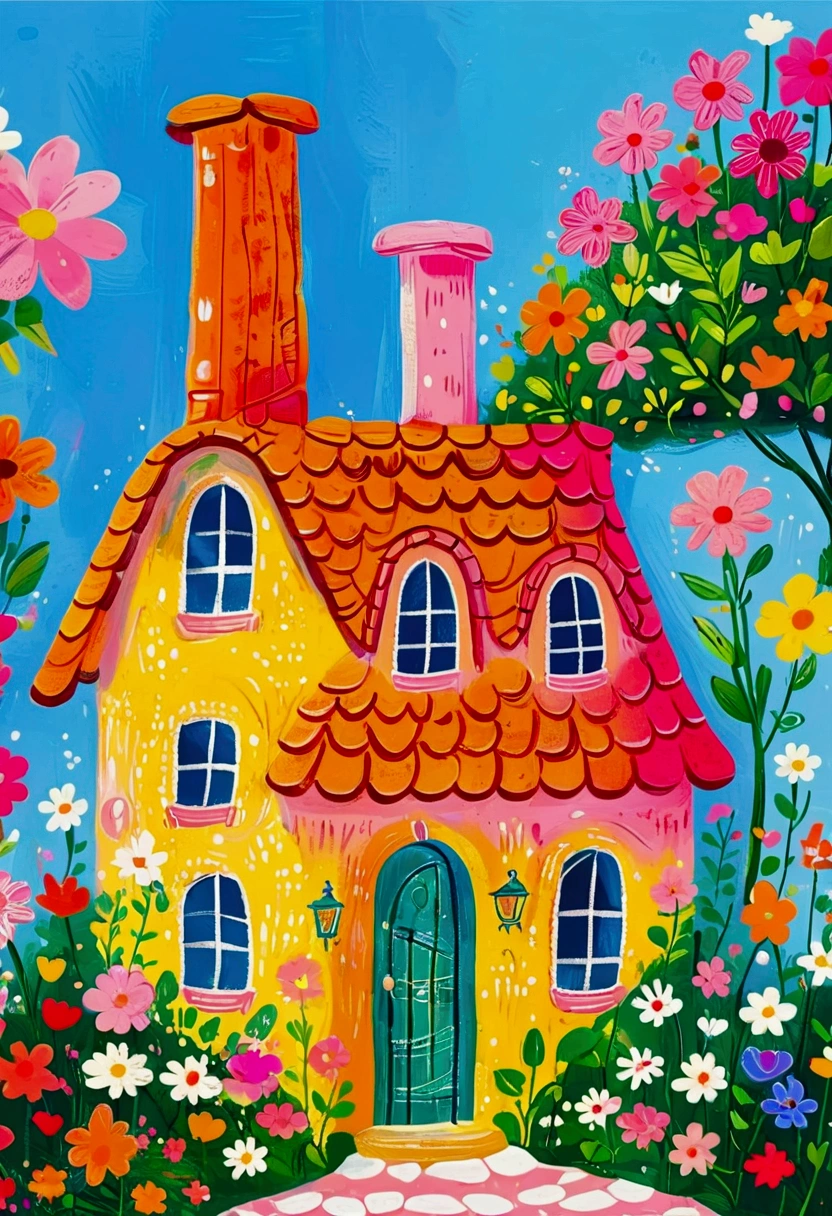 House with garden and chimney, flowery Hut, Hut close up, Colorfull illustration, sunlight and whimsical houses, Color illustrations, colorful houses, colorful kids book illustration, little Hut, Hut town, Whimsical Art, In a Candy Land-style house, Drawn in a whimsical style, Hut, Delicate and bright, Children&#39;s illustrations, Stylized digital illustration