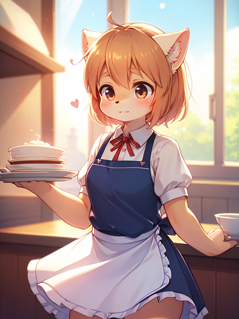 (Sumilux f1.4 50mm , low Latitude old color negative film , cross process , bokeh, flare, chromatic aberration , soft focus, (Shallow focus) , soft glow , Maximum aperture, low Key , Transparent depiction) , comedy cartoon style , coquettish , Clumsy Cafe clerk girl , blouse, apron, skirt , heart is beating fast with anticipation , Dropping dishes