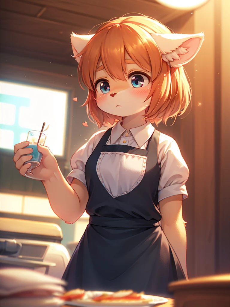 (Sumilux f1.4 50mm , low Latitude old color negative film , cross process , bokeh, flare, chromatic aberration , soft focus, (Shallow focus) , soft glow , Maximum aperture, low Key , Transparent depiction)  , comedy cartoon style , coquettish , Clumsy Cafe clerk girl , blouse, apron, skirt  , heart is beating fast with anticipation , Dropping dishes