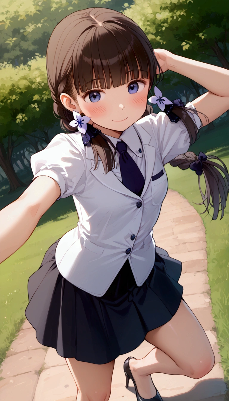 {Highest quality}, {Super beautiful},{Ultra fine},{Best illustration},Brown Hair,Hime cut,long hair,Braid,One woman,Standing Woman,Strike a pose,smile,smilingly,suit,White Shirt,Short sleeve,Long black skirt,at the park,Blushing,Slender,Black stiletto heels,barefoot,One leg up,From an angle,from the front