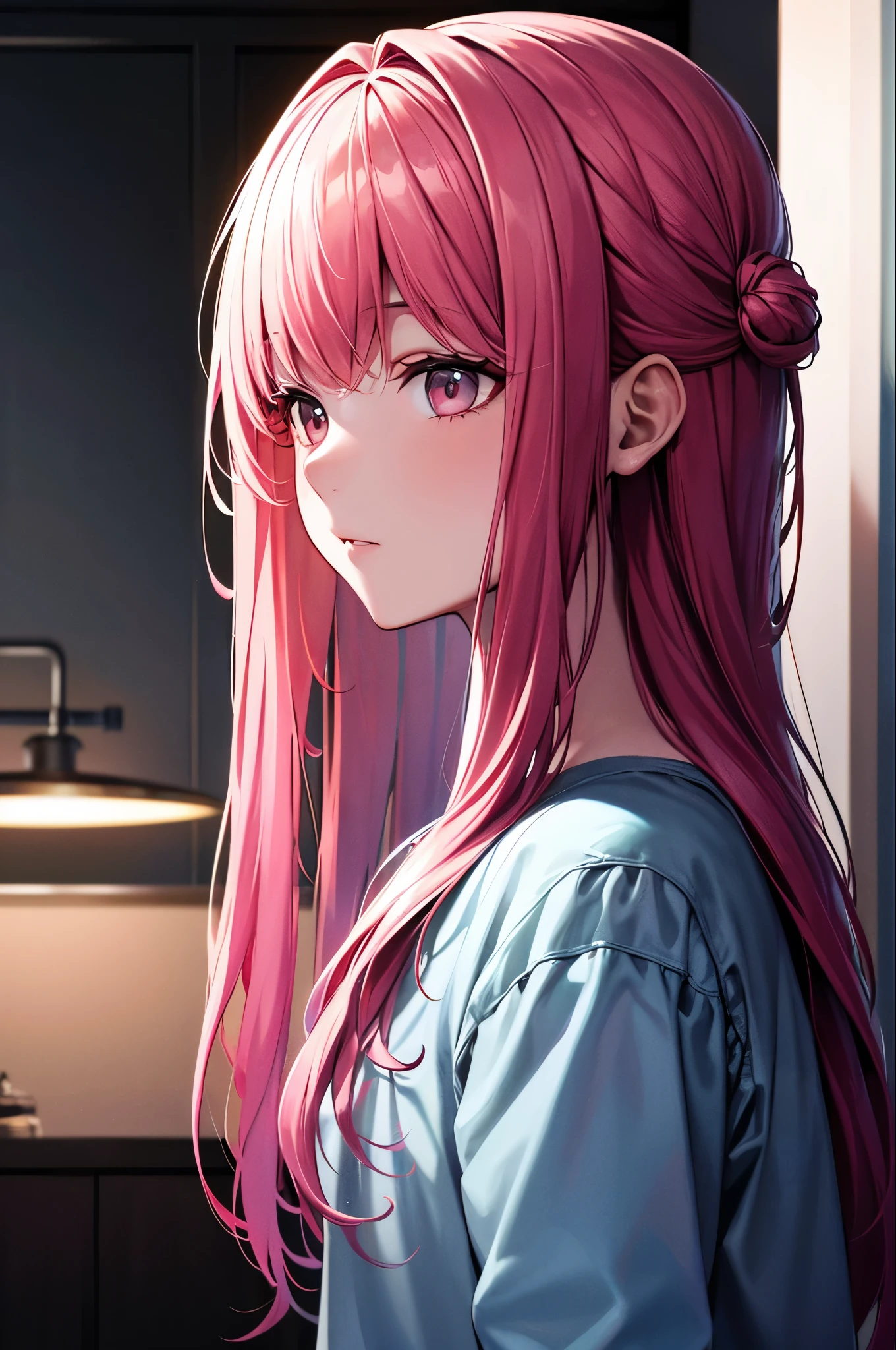 Pink Hair,Long Hair,Single Side Lock Hairpin Brushed Modern Cinema Lighting,Ray Tracing,Drop Shadow Wide Shot UHD,Textured skin,Attention to detail,Top quality 4k