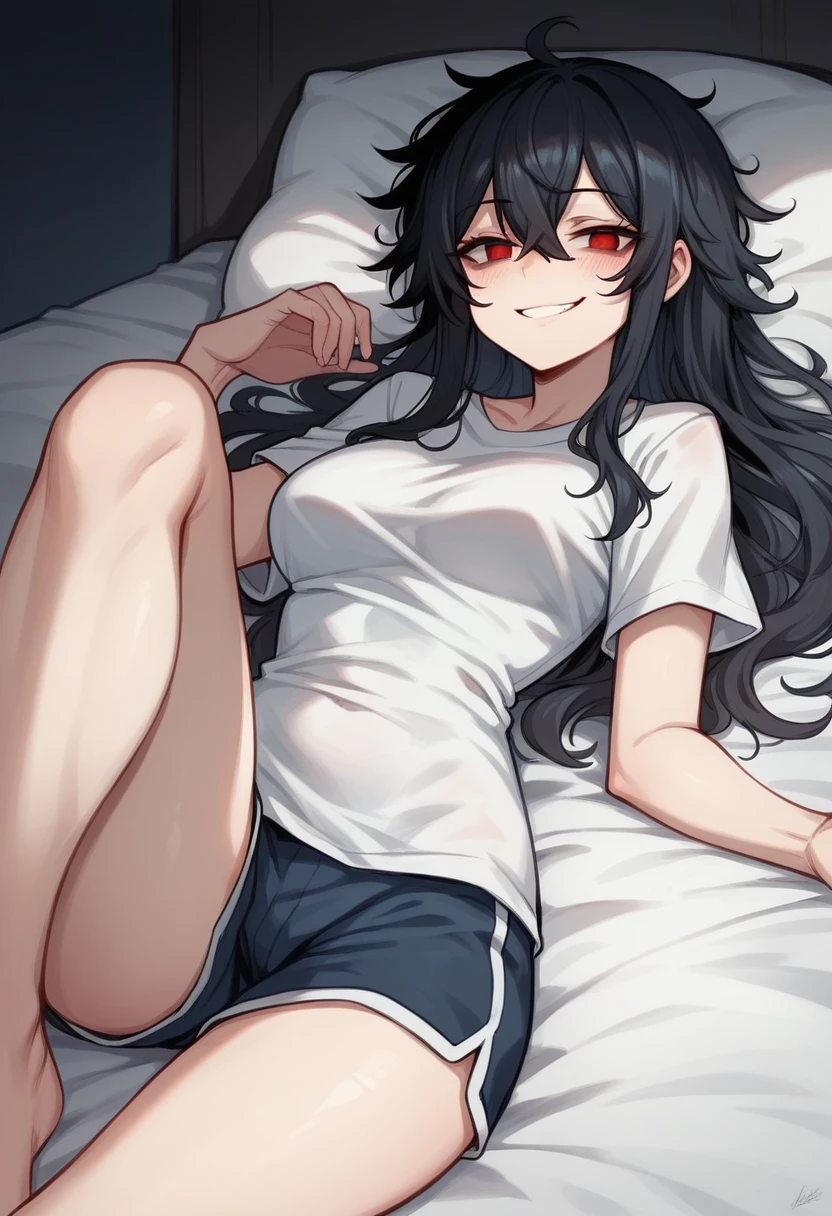 1girl, cloudy eyes, red eyes, close-up, perfect body, perfect anatomy, bedroom, black hair, messy hair, long hair, night, flushed, dolphin_shorts, smug_smile, oversized_t-shirt, medium breasts, laying on back