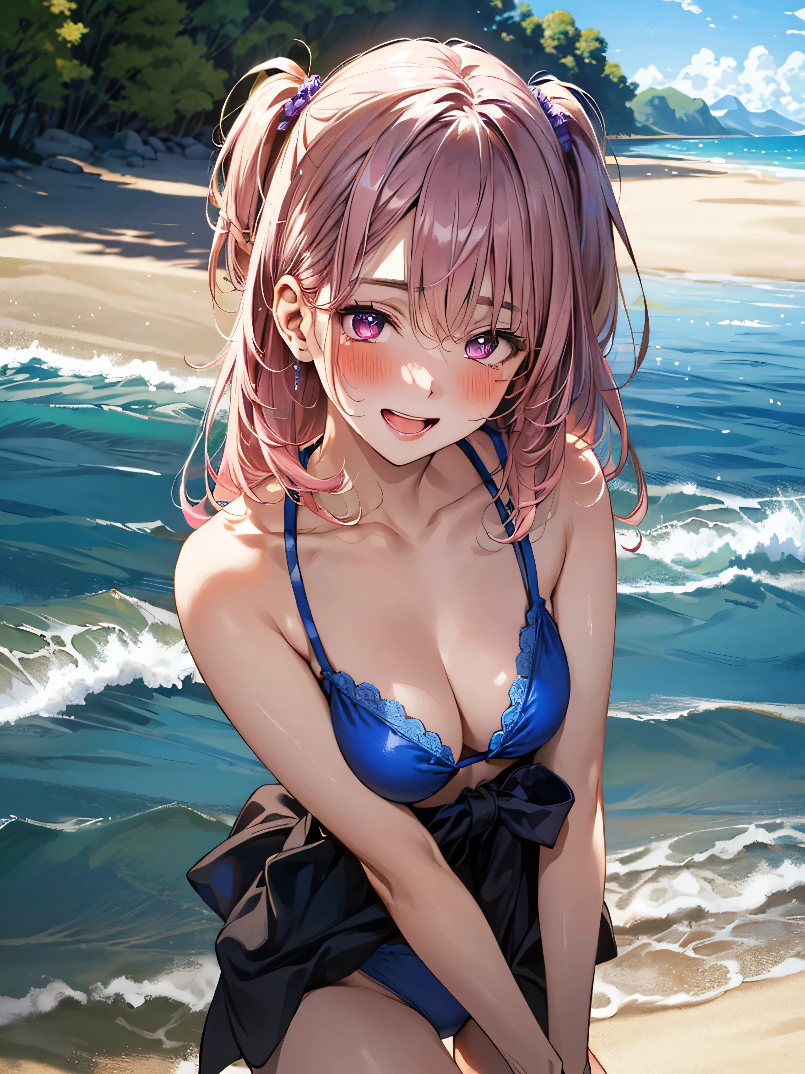(masterpiece:1.3, top-quality, ultra high res, ultra detailed), on the beach,blue bikini,(realistic, photorealistic:1.4), beautiful illustration, perfect lighting, natural lighting, colorful, depth of fields, surrealism,  (embarrassed,blush:1.3),
beautiful detailed hair, beautiful detailed face, beautiful detailed eyes, beautiful clavicle, beautiful body, beautiful chest, beautiful thigh, beautiful legs, beautiful fingers, shiny skin, 
looking at viewer, 1 girl, japanese,  super detailed skin), cute and symmetrical face, babyface, perfect face, perfect eyes, 
(middle hair, two side up, pink hair), crossed bangs, purple eyes, drooping eyes, big eyes, long eyelashes, (large , seductive thighs, skindentation), slender, outstanding style, 
(beautiful scenery), late afternoon,hands on chest, (lovely smile, upper eyes, open mouth small),