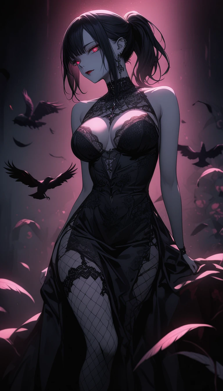 （Dark atmosphere，Gothic Fashion，Bright colors），（Highest quality，Super exquisite item，）,Large Breasts，Sexy Goth Vampire Girl，In the rose garden at night，Beautiful and delicate eyes，Black straight ponytail with blue tip，Crow's feathers，Red lipstick，Mysterious Smile，Pale complexion，Fishnet tights，((Black lace dress))，Pointed toes give off a sexy aura，The moonlight illuminates her elegant silhouette，Soft shadows and soft highlights，Contrasting colors create a lively atmosphere，A dark and muted color palette，Subtle yet dramatic lighting effects，A combination of solemn darkness and beautiful moonlight, She is tall and mature,Poses that accentuate the chest,slouch,Red underwear with intricate patterns