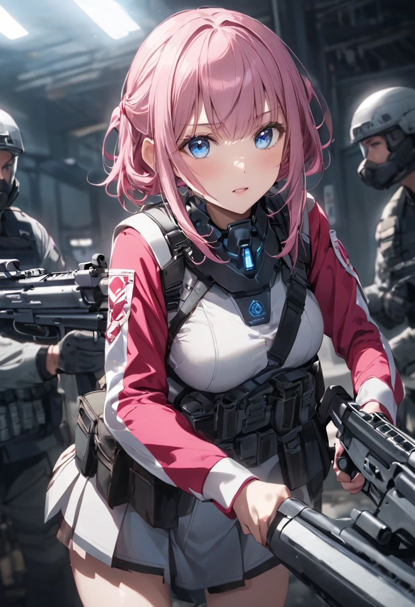 Armed invasion、Girl with pink hair、blue eyes、Twin Drill、A scene from a movie