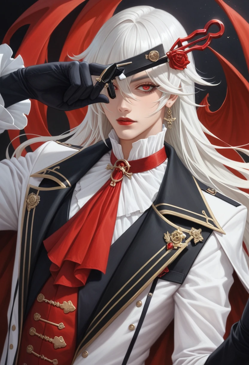 anime character with long white hair and wearing a black and red suit, alucard, beautiful androgynous prince, i vampire, anime key art, detailed anime key art, Machiavellian puppeteer, delicate androgynous prince, of frontline girls, elegant anime key visual, androgynous vampire, Arte Zerochan, Detailed anime character art, casimir art