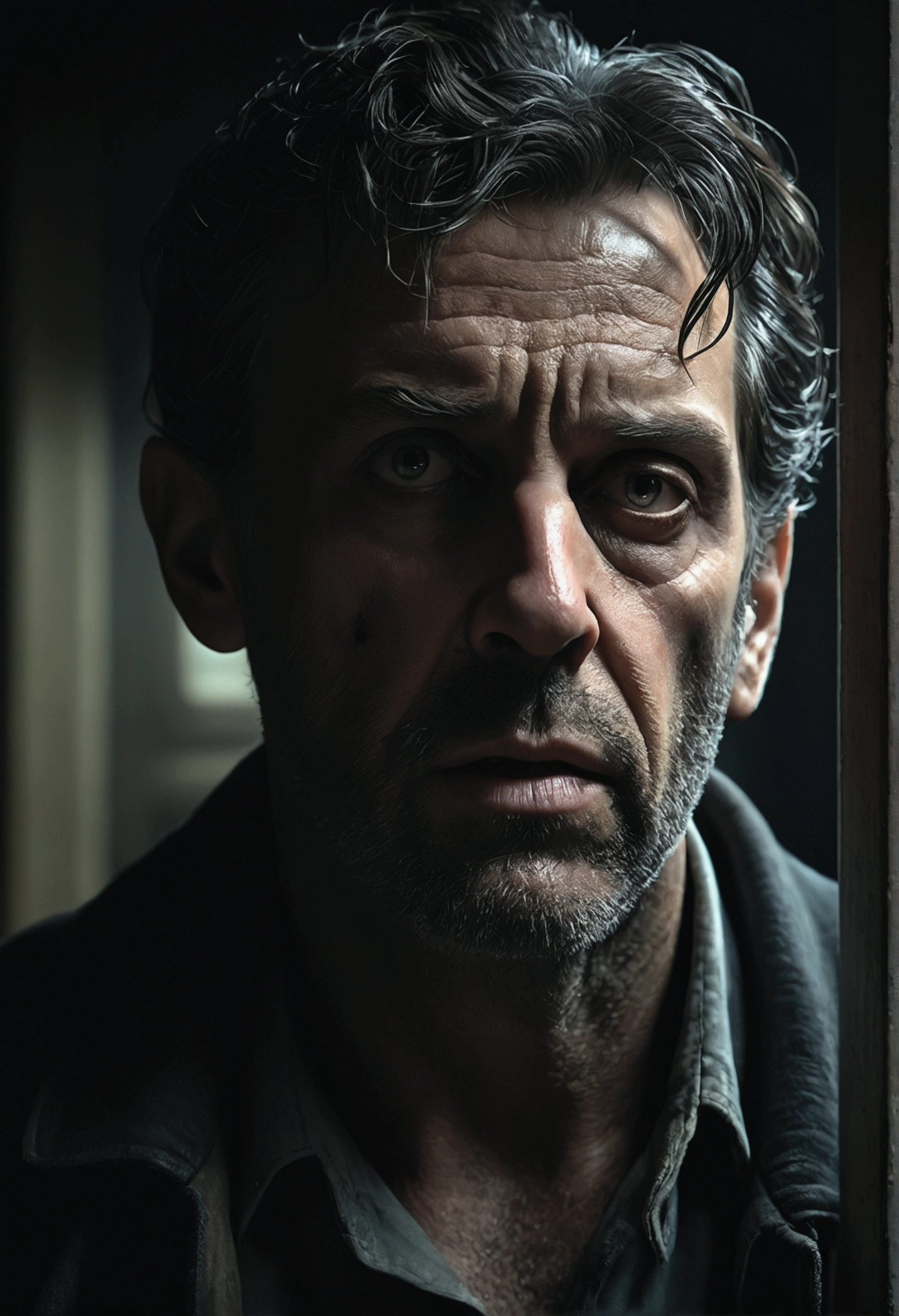 1 man, a dark and unsettling atmosphere, extremely detailed and realistic, fear, anxiety, horror, dramatic lighting, chiaroscuro, moody, cinematic, dramatic shadows, gritty, muted colors, cool tones, (best quality,4k,8k,highres,masterpiece:1.2),ultra-detailed,(realistic,photorealistic,photo-realistic:1.37)