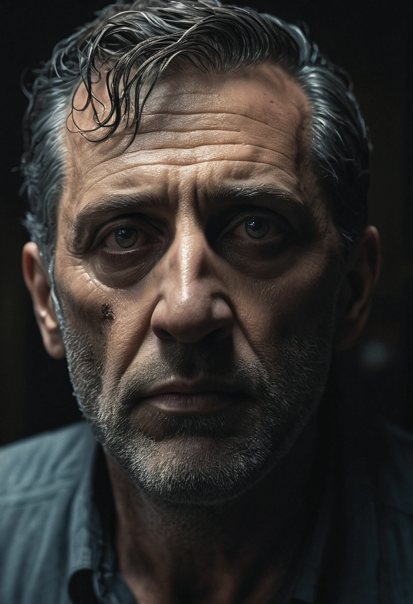 1 man, a dark and unsettling atmosphere, extremely detailed and realistic, fear, anxiety, horror, dramatic lighting, chiaroscuro, moody, cinematic, dramatic shadows, gritty, muted colors, cool tones, (best quality,4k,8k,highres,masterpiece:1.2),ultra-detailed,(realistic,photorealistic,photo-realistic:1.37)