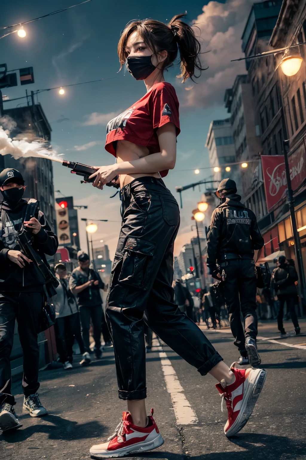 ((best quality)), ((masterpiece)), (detailed), 1girl, wearing mask, t-shirts and black cargopants, sneakers, she is runing holding a smoke granade(so many red smokes)and a black flag in the right hand at the newyork city, full body(low angle), she got lights from the hellychopter in the sky.