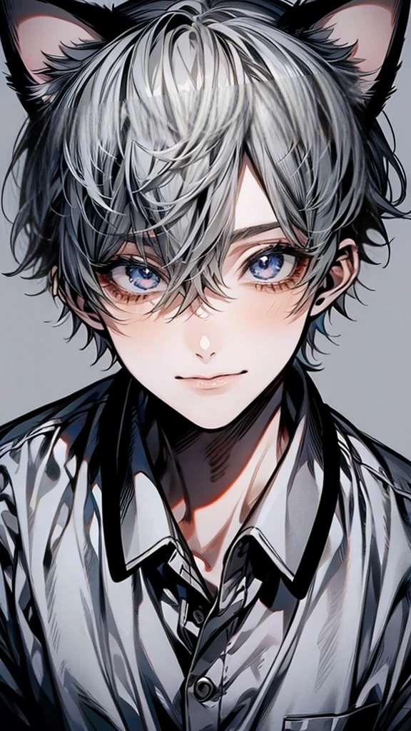 smile　laughing(masterpiece), (Highest quality), Very detailed, (Grey-haired man:1.3)、Cat ear、shirt、Highest、smile