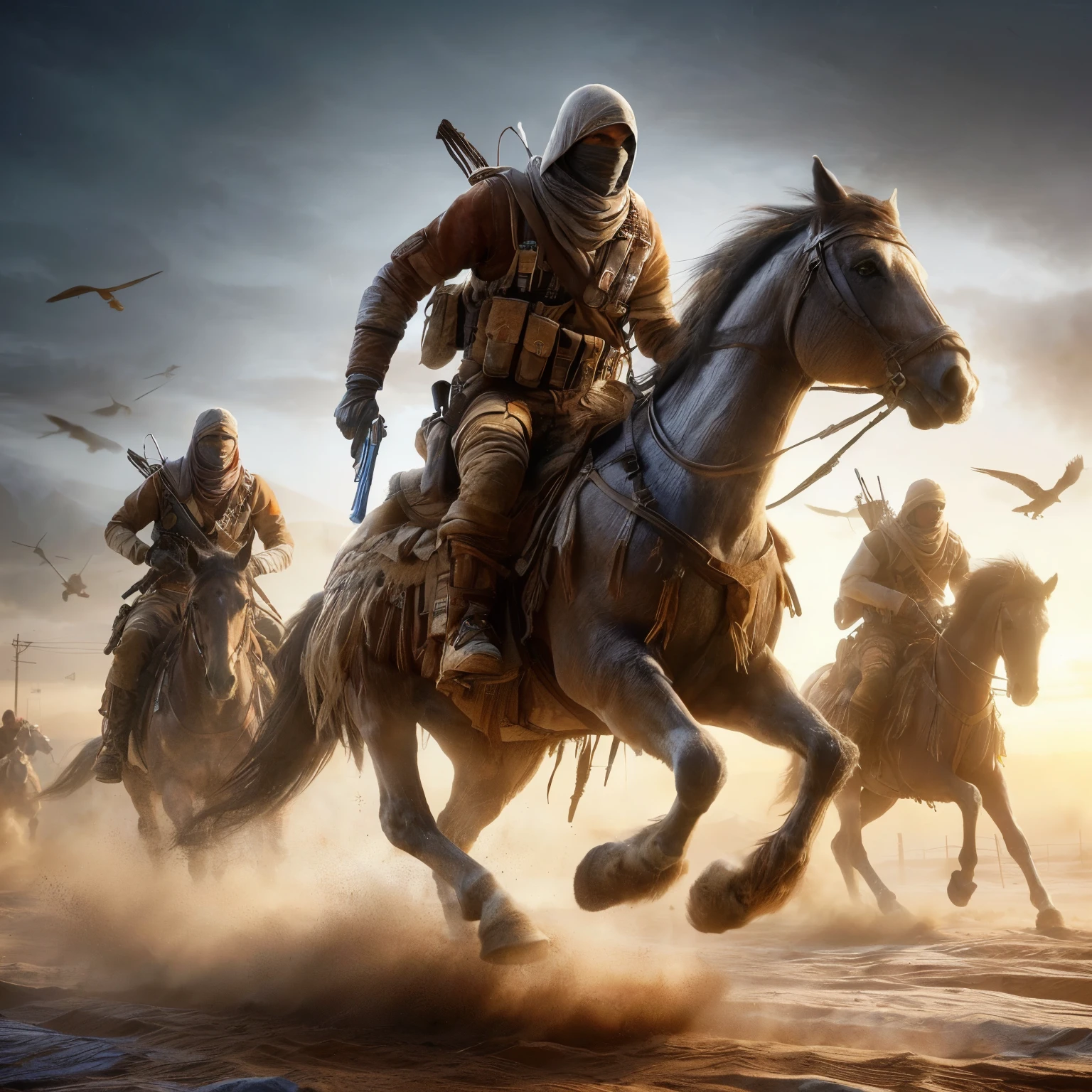 arafed image of a group of men riding horses in the desert, epic sandstorm battle, 4k highly detailed digital art, 4k detailed digital art, battlefield backround, 4k art, ride horse in saharan, game key art, wallpaper 4 k, wallpaper 4k, amazing wallpaper, desert game, hq 4k wallpaper, [ 4 k digital art