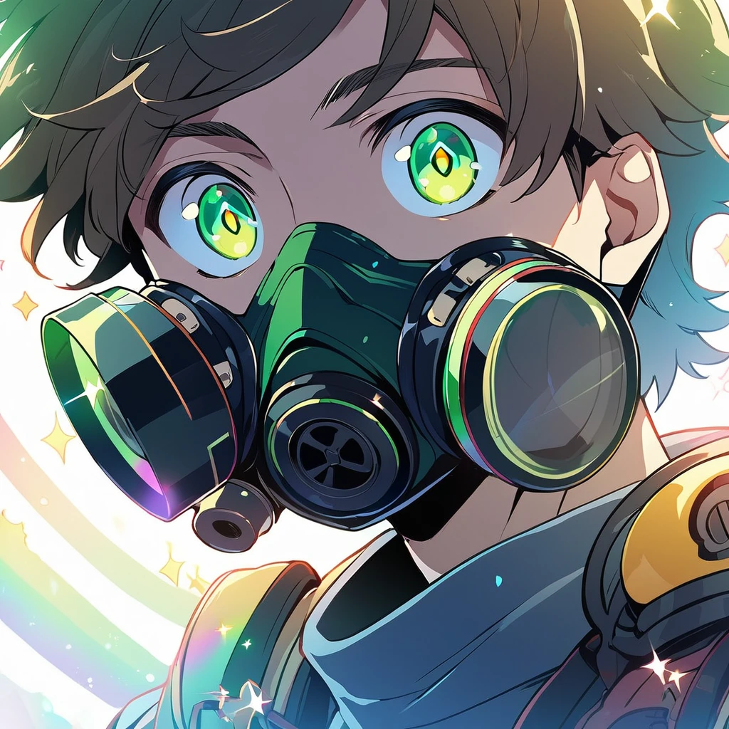 1boy,male focus,20 yeas old handsome man,illustration,very closeup-eyes,wearning gas mask and Goggles,green eyes and hair,gasmask mouth parts and Goggles imaged pachi slot reels silhouette,eyes is sparkle rainbow shine,japan anime style,man is Make a circle with hands and always keep it eyes