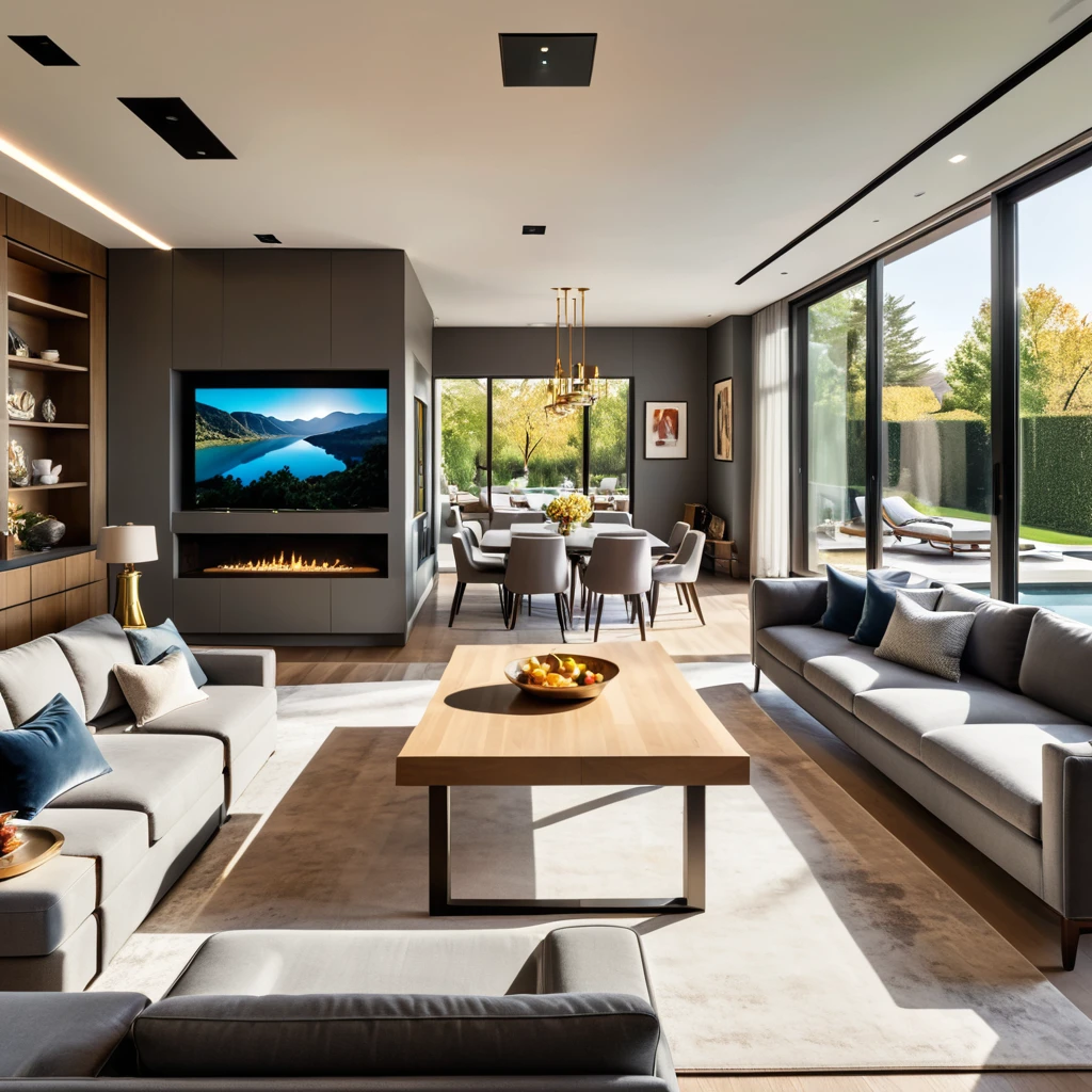 inside a buried living room with dining, of a rich couple, There is a gray sofa, a huge tv, a table with 6 chairs, artwork and radiant sunlight streaming through the window
