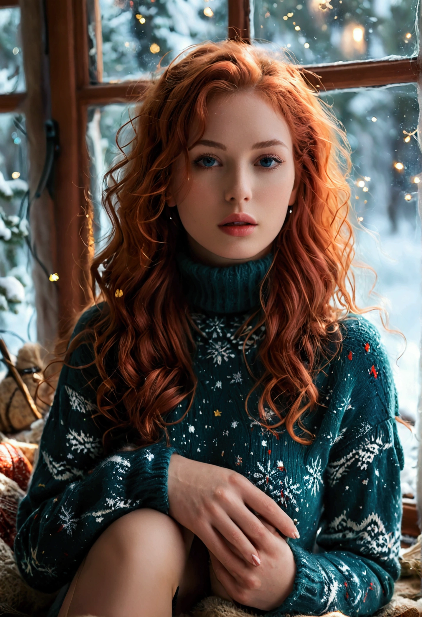An ultra hot beautiful european woman, age 23, red wavy hair. she's a playmate, men magazine model, enjoying a cozy evening by the fire. She wears a turtleneck winter color wool sweater and tight shorts. Trough the window, winter starry night. Northern lights, Perfect anatomy, perfect hair, perfect breast, perfect body, perfect hands, perfect face, UHD, retina, masterpiece, accurate, anatomically correct, textured skin, cleavage