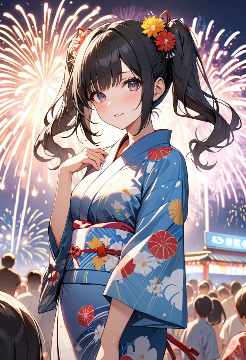STAR15 Mod, (masterpiece), (Highest quality), (Very detailed), (Best illustrations),(Best Shadow), View your viewers,Summer festival,stage,yukata,firework,Black Hair,Twin tails