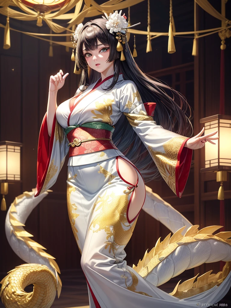 (Beautiful model in Japanese kimono commercial, Beautiful straight long black hair), alone, ((Face is 80% Beauty and elegance, 20% Cute and adorable:1.5)), Clear Eyes, (fine grain, Bright green eyes, Bright Eyes), double eyelid, (Slightly thick, Sexy lips:1.2), ((Very detailed and incredibly high resolution Deep-white Kimono:1.2)), Very detailed顔のテクスチャ, impressive body shape, Very attractive woman with curves, High Resolution RAW Color Photos Professional Photography, break ultra high-resolution textures, High Resolution Body Rendering, Big eyes, An unparalleled masterpiece, Incredible high resolution, Very detailed, Stunning Ceramic Skin, break ((Please turn around and show me the pattern on your kimono.:1.5)), ((She was wearing a white kimono embroidered with glittering golden dragons...:1.5)), ((A bright rising dragon is embroidered on the white kimono...:1.2)), (Exquisitely crafted and sensual Japanese kimono), ((The embroidery pattern is a Chinese dragon rising to the sky):1.2), ((An intricately and elegantly decorated white kimono)), (Photographed in front of a round shoji screen in a Japanese-style room)), break ((Highest quality, 8k)), Sharp focus:1.2, (Layered Cut, big:1.2), (Beautiful woman with perfect figure:1.4), (Beautiful and elegant rear view:1.3), Tight waist, (Correct hand shape:1.5), (Full Body Shot | Cowboy Shot),Large Breasts,