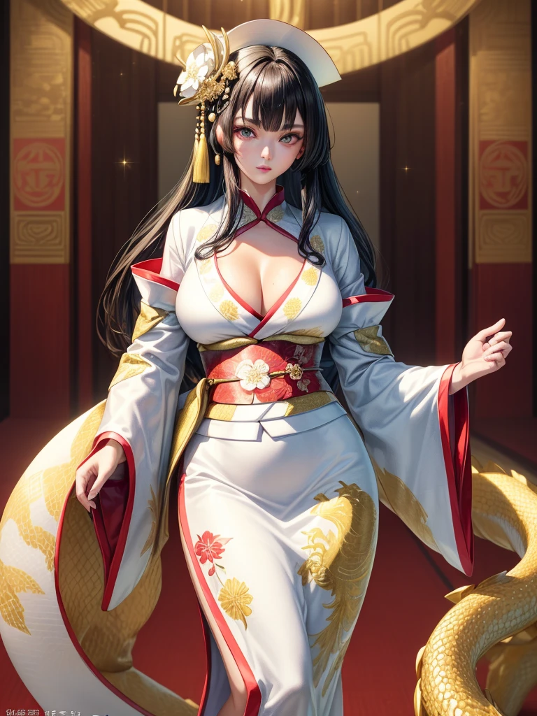 (Beautiful model in Japanese kimono commercial, Beautiful straight long black hair), alone, ((Face is 80% Beauty and elegance, 20% Cute and adorable:1.5)), Clear Eyes, (fine grain, Bright green eyes, Bright Eyes), double eyelid, (Slightly thick, Sexy lips:1.2), ((Very detailed and incredibly high resolution Deep-white Kimono:1.2)), Very detailed顔のテクスチャ, impressive body shape, Very attractive woman with curves, High Resolution RAW Color Photos Professional Photography, break ultra high-resolution textures, High Resolution Body Rendering, Big eyes, An unparalleled masterpiece, Incredible high resolution, Very detailed, Stunning Ceramic Skin, break ((Please turn around and show me the pattern on your kimono.:1.5)), ((She was wearing a white kimono embroidered with glittering golden dragons...:1.5)), ((A bright rising dragon is embroidered on the white kimono...:1.2)), (Exquisitely crafted and sensual Japanese kimono), ((The embroidery pattern is a Chinese dragon rising to the sky):1.2), ((An intricately and elegantly decorated white kimono)), (Photographed in front of a round shoji screen in a Japanese-style room)), break ((Highest quality, 8k)), Sharp focus:1.2, (Layered Cut, big:1.2), (Beautiful woman with perfect figure:1.4), (Beautiful and elegant rear view:1.3), Tight waist, (Correct hand shape:1.5), (Full Body Shot | Cowboy Shot),Large Breasts,